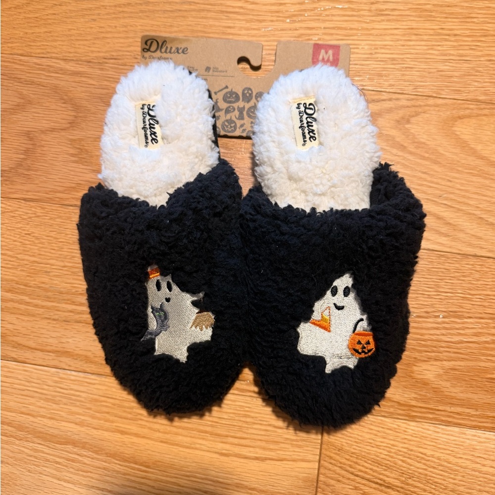 dearfoams Black Plush Slip-On Halloween Slippers